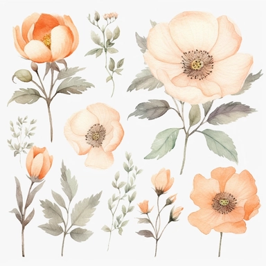 Watercolour clipart of a light peach color, burnet rose blossom theme, vintage effect, high quality, soft and muted colours, bright white background, 8k, f1