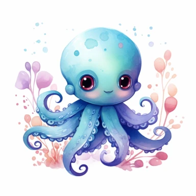 Create a watercolor clipart illustration of a gentle and adorable octopus sea sprite. Emphasize its cute features, such as large eyes, a sweet smile, and soft, rounded tentacles. Use a soft and delicate color palette, with subtle shades and pastel tones. The clipart must be on a solid white background to capture the softness and charm of the character