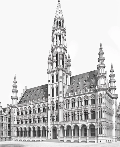 coloring page, clipart style, Brussels, brussels town hall, low details, no shading