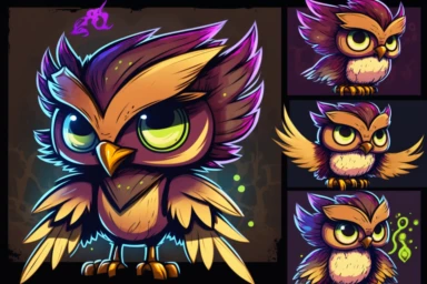 multiple clipart sheet, wise owl, neon in the style of skottie young, pixar character style