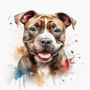 cute Staffordshire Bull Terrier dog portrait, full face, centered shot, side shot, dynamically posed, in action, playful mood, happy mood, playing mood, cute face, adorable smile, childlike eyes, clean watercolor illustration, white background, nursery baby imagery, painting, detailed, 8k, PNG, clipart,