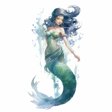 a charming asian mermaid, mermaid fin, full body, artistic interpretations, watercolor, in the style of artgerm, 2d game art, quadratura, clipart, on white blackground,