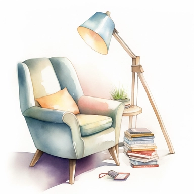 watercolor, hyper realistic, white background, white margins, 16k, ultra detailed clipart, cut out image, hand-drawn, whimsical A minimalist reading nook with a sleek, modern chair, a small table, and a few books, illuminated by a simple, elegant floor lamp.