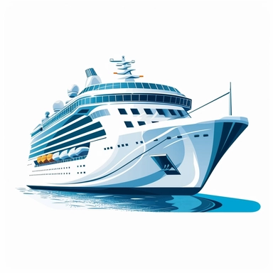 Please generate an all-white stylish cruise ship clipart. The clipart should have a sleek and modern design, showcasing a sense of elegance and sophistication. The ship should have a clean and streamlined shape, with smooth lines and minimalistic details. The white color should dominate the image, representing a contemporary aesthetic. Pay attention to the overall composition and balance of the design. The ship should include features such as windows, decks, and smokestacks, while maintaining a 