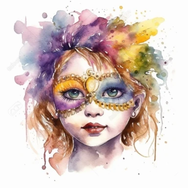 cute baby girl wearring carnival mask, mardi gras, kaluta art style pen and ink watercolor clipart,isolated on white background