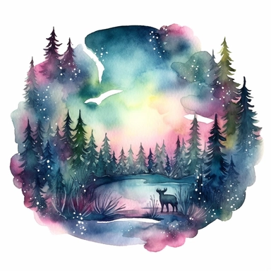watercolor northern lights over flowers illustration clipart, in the style of use of northern lights tones, intricate storytelling, beautiful color palette, rounded, ephemeral installations, elaborate borders, romanticized depictions of wilderness, clipart, blank white background