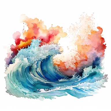 watercolor crashing waves, shades of coral turquoise yellow and blue, glamorous, very detailed and realistic, white background with margins, clipart style