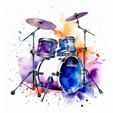 watercolor clipart, one individual drum set, vibrant splash of color, white background