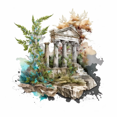 A Beautifull Temple of Apollon, Plants,vine leaves, greece plants with watercolor effect,fantastic scene,suitable for digital cliparts,white background,antience greek style,mythologic scene