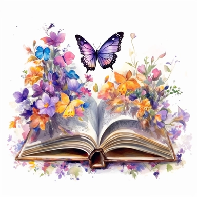 a magical open book, beautiful watercolor and realistic flowers and butterflies between de booksides, highly detailed clipart, white background