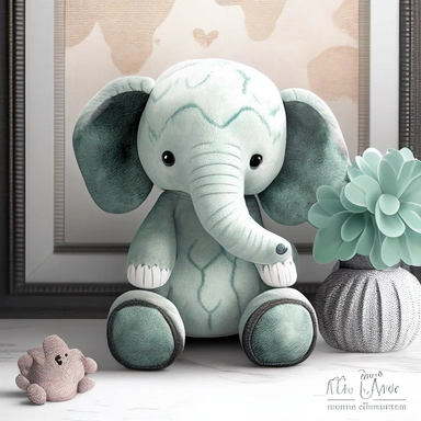 cute animal wall clipart, baby elephant in the style of atmospheric watercolor organic designs, soft and dreamy, dark silver and light green, storybook illustration, plush doll art