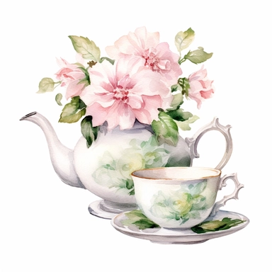 vintage floral tea cup and pot watercolor clipart, white background