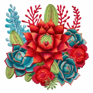clip art, embroidery succulent, vibrant red flowers, Mexican style, white background,