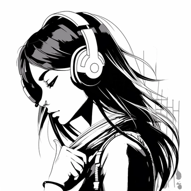 black&white, vector, 2D clipart style, logo, manga 90's draw, simple clear line, young girl from profile, whit big headphones on head, soundwave in background