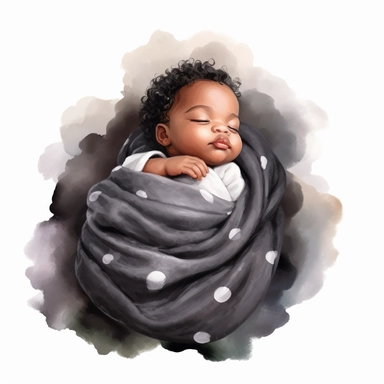 Watercolor cute new born black baby on a cute blanket, clipart, singel clipart, High resolution, 8k