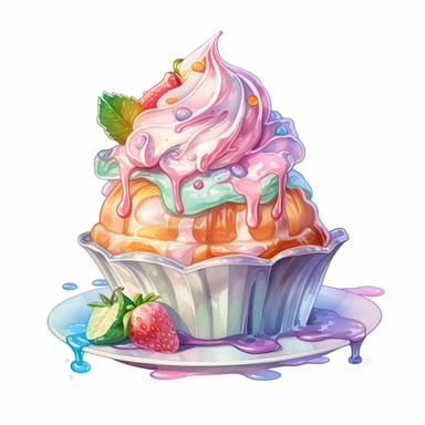 a drawing of a dessert featuring candy and whipped cream, in the style of pastel toned, shiny/glossy, colorful fantasy realism, caffenol developing, warmcore, #screenshotsaturday, rubens, white background, isolated, free brushstrokes, watercolor illustration, clipart,