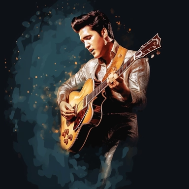portrait view, full view, beautiful jewel colors, beautiful image of Elvis Presley with guitar and microphone, romantic, fantasy, sharp focus, high detail, 8k illustration clipart style, transparent background, (--iw 8)
