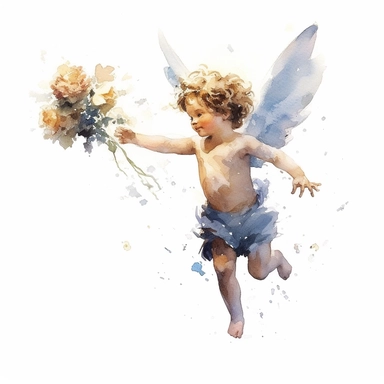 cherub flying, having a flower in his hand,watercolor painting by Thomas W. Schaller, clipart, white background