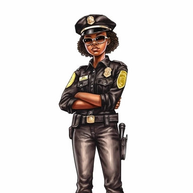 Cool cute black kid police, full torso and head, cool police clothes, female black girl, watercolor style, clipart solid white background