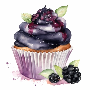 watercolor black berry cupcake clipart, hd