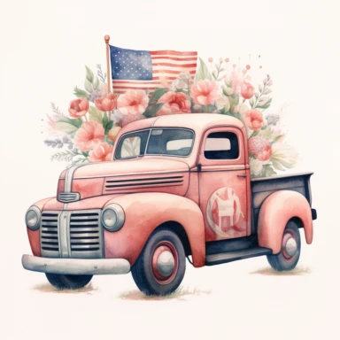 Create an illustration of a vintage truck adorned with elements reminiscent of the 4th of July celebration. The illustration should be in the style of dreamy watercolor florals, inspired by the works of artists like Vytautas Kairiukstis, Villagecore, Kathrin Longhurst, and Christian Schloe. The color palette should predominantly feature white and pink, with a touch of flower power. The aspect ratio of the illustration should be 3:2. Be sure to include vintage truck clipart in your design. Good l