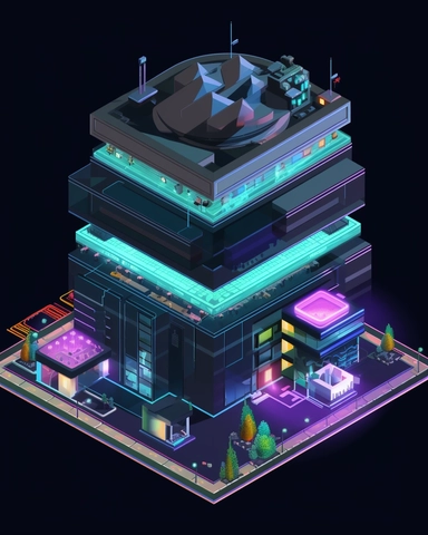 isometric clean pixel art image, game sprite, futuristic random public building concept, gaming asset, sci-fi, fun, creative, cartoon, clipart, hyper-detailed, black background,