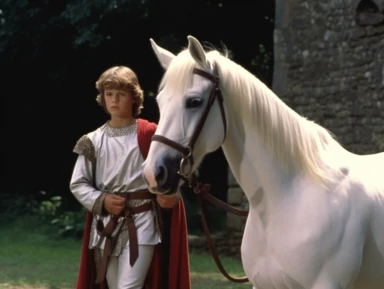 arthur as a young squire is walking next to a white horse, medieval clothing, vhs clip of 1981 movie the grail, in the style of home video, keyframe