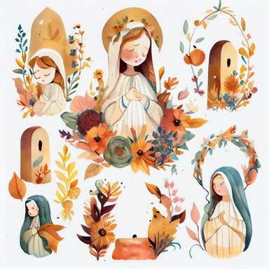 in the style of Kailey Whitma, xuan loc xuan, lucy grossmith, atey ghailan, Jon Klassen, greg tocchini, watercolor hand painted collection autumn patterns of THE VIRGIN MARY AND BABY JESUS on white paper, vector, clipart, elaborate, cute, limpid, well composed, vibrant color tone, trending on artstation, elaborate, cinematic lighting, vibrant colors, white background, high definition