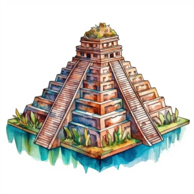 Chichen Itza Pyramid in Mexico in the style of Watercolor Clipart, White Background