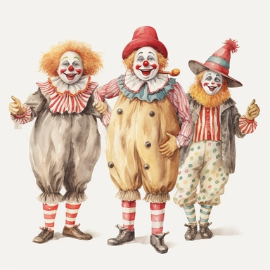 3 hand drawn vintage circus clowns acting silly , glamorous, soft, detailed and realistic, watercolor, clipart style, white background with margins