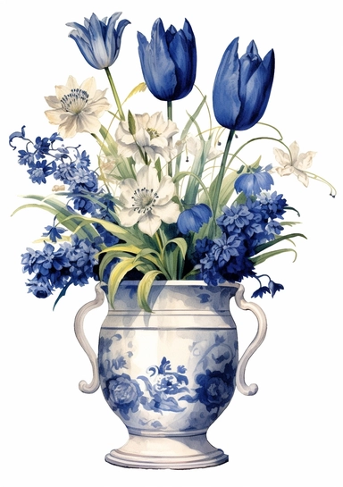 a Delft Blue Dutch ceramic planter - Dutch Charm: Tulips (Netherlands), Hyacinths (Netherlands), Daisies (Germany) - artistic watercolor clipart