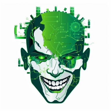 a clipart-style image of a cyborg face with a Joker-inspired smile. The cyborg face is made up of metallic and synthetic parts, with a neon green color scheme. The image is rendered in a simple and clean style suitable for presentations, with a focus on the Joker-inspired smile. Medium: digital illustration. Style: clipart-style, with simple and recognizable shapes and colors. Lighting: even and consistent, with a neutral background. Colors: bright and vibrant colors, with an emphasis on neon gr