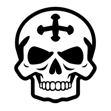 black and white silhouette of a cartoon skull and crossbone icon, clipart style, white background, thick lines, vector, simple design, flat colour, solid colour