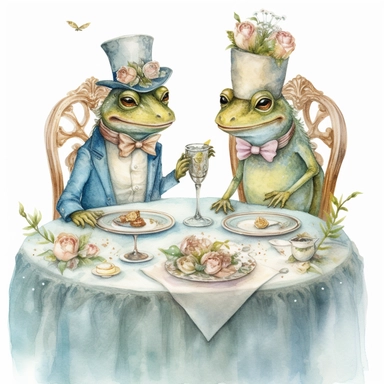 hand drawn frog couple, crown, dining at bistro table, whimsical, fantasy, in pale shades of blue sage green soft pink and pale yellow, flowers, glamorous, realistic, watercolor, clipart style, white background with margins