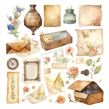 Envelopes, letters, paper mail Watercolor clipart, each item is isolated from the others and lies separately on a white background, Cottagecore vintage clipart, highly detailed painting, watercolor illustration on a white background