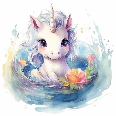 baby cute unicorn, watercolor, clipart, playing on the water
