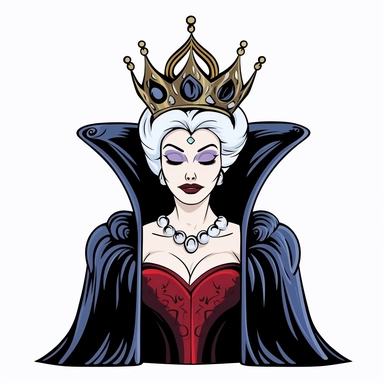 2d partially lined clipart illustration of an evil but beautiful queen, in the style of 1959's sleeping beauty movie, white background