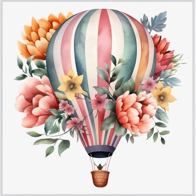 Hot Air Balloon With Foral realistic Clipart, White Background