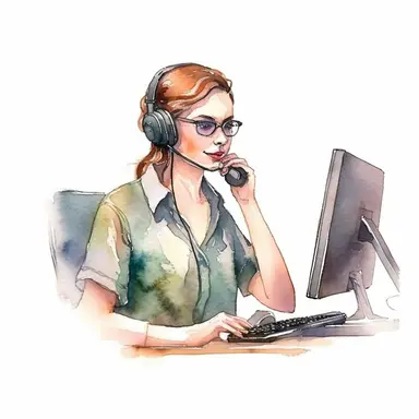 ecommerce watercolor clipart. Customer service agent sitting at desk.hd. on white background space out.--ar 3:2