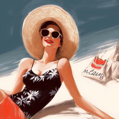 portrait view, full view, clipart illustration, beautiful lady sunbathing on beach, exact image, sharp focus, high detail, (--iw 5)