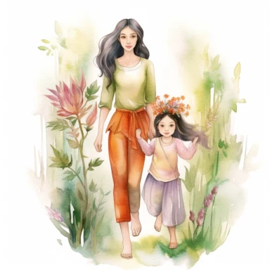 Watercolour illustration, A beautifu mexican Mom and Me Watercolor, Clipart, High Res, Mother's Day, Mother's Love, waterpaint, fresh colors, happy, white backgroundm, simplified Art Nouveau, walking, enchanted forest, front to camera, version 4 style, high detailed, sharp