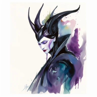 watercolor Maleficent in her black and purple robes and headdress, clipart white background, by Glen Keane
