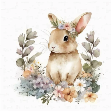 Cute Bunny with Flowers Clipart ,watercolor, magical, white background, no border--q 2