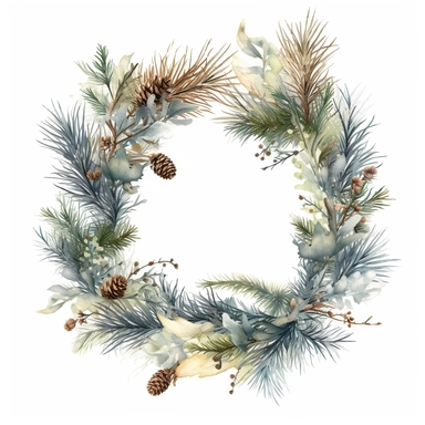 stunning christmas frame made of snowy fir branches , beautiful Christmas clipart, soft faded colors, beautiful watercolor art by Marjolein Bastin, Thomas Kinkade, Carl Larsson, Norman Rockwell, Susan Wheeler, isolated on white background