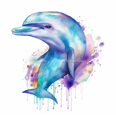 cute fantastical dolphin clipart, semi watercolor style, isolated on white background, clear background separation, clear sharp, no text, no watermark