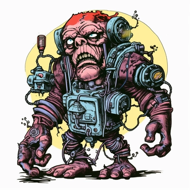 huge powerful machine troll zombie, dark electric aura, Basil Wolverton Josh Kirby Dave Gibbons, handpainted enamel punk zine indie retrowave, clipart illustration, solid white background