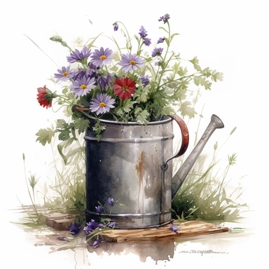a simple gorgeous rustic water can with wildflowers and flowers, and green foliage on white background clipart, deep purple, emerald green, and ruby red color theme, watercolor painting realistic, high quality, vibrant, Vicente Romero Redondo, Willem van Aelst, Elsa Beskow