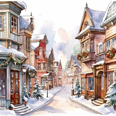 Christmas street, Ornamental watercolor, clipart, I can't believe how beautiful this is , style by Lucy Fleming, watercolor, smooth gradients, black contour outline, ultra detailed, clipart elements, delicate pastel colors, solid white background, super clear, high quality