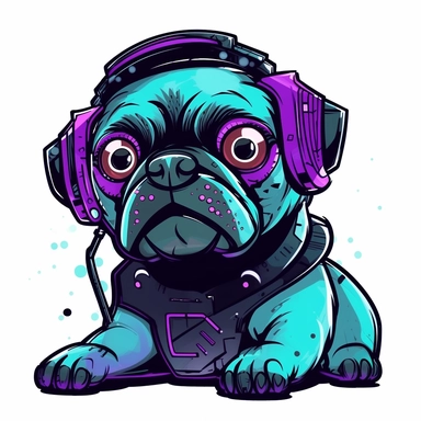 adorable simple cyberpunk pug dog clipart, white background, adobe illustrator vector, groovy lo-fi,