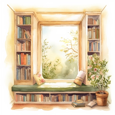 A watercolor clipart of a window seat in a book room, with a cushioned seat and a large window overlooking a garden or a scenic view, with a few books stacked nearby, warm tones